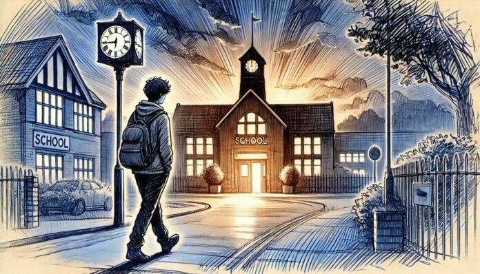 A tired teenager walking towards a brightly lit school entrance at pre-dawn, with a dramatic sky transitioning from deep blue to orange, symbolising the conflict between natural sleep rhythms and early school schedules. This illustrates the impact of sleep and education on learning.