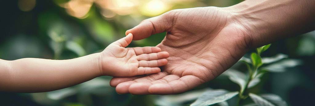 A close-up of an adult’s hand gently holding a child’s small, open hand, symbolising trust, care, and support. The background features soft-focus green plants with warm, natural sunlight filtering through, evoking a sense of renewal, safety, and healing.