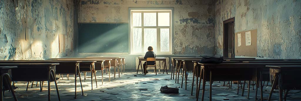 An empty classroom with rows of worn-out desks and chairs. In the centre, a child sits alone at a desk, hunched over with their head resting on folded arms. Sunlight streams through tall windows, casting long shadows across the room, symbolising educational disruption and childhood trauma through social isolation.