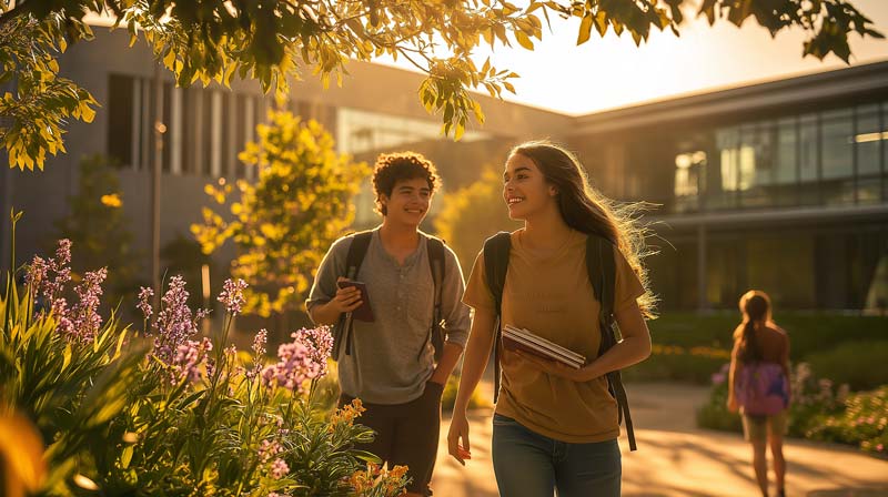 Two smiling students walking through a bright, sunlit campus with blooming flowers in the foreground, radiating happiness and positivity as they engage with their surroundings.