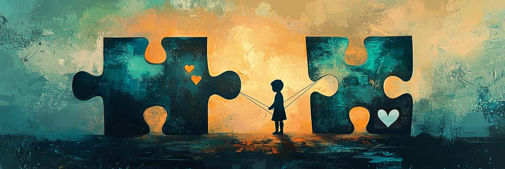 A child stands between two large puzzle pieces that almost connect, holding strings to each side. The puzzle pieces feature heart symbols, and the background glows softly with warm and cool tones, symbolising childhood trauma and ongoing emotional bonds despite separation.