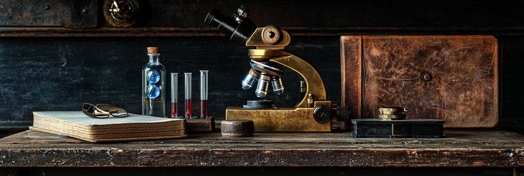 An antique brass microscope sits on a rustic wooden table surrounded by glass test tubes filled with red liquid, a leather-bound book, and a pair of glasses resting on a stack of aged papers. Soft lighting highlights the details of the scene, evoking themes of research, learning, and exploration.