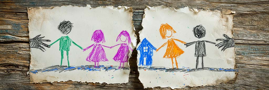 A childlike drawing on torn paper showing two hands pulling at opposite ends, with stick-figure children and adults connected in a broken line. A blue house sits in the middle, symbolising the fractured family dynamic and the emotional tension caused by parental conflict.