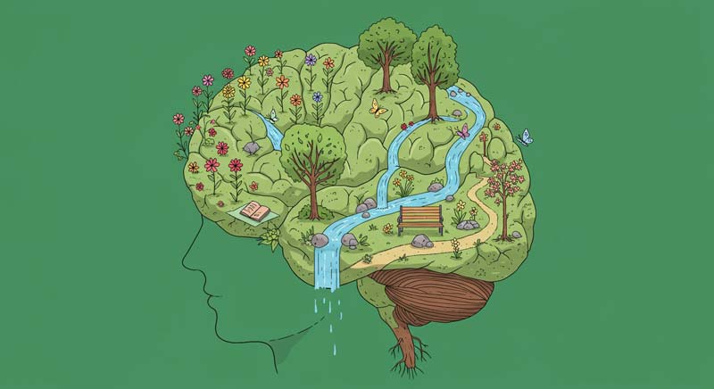 A stylised illustration of a brain depicted as a vibrant garden, with blooming flowers, flowing streams, sturdy trees, and gentle paths. The design integrates elements such as an open journal on a bench and butterflies, symbolising emotional growth, transformation, and self-care practices.