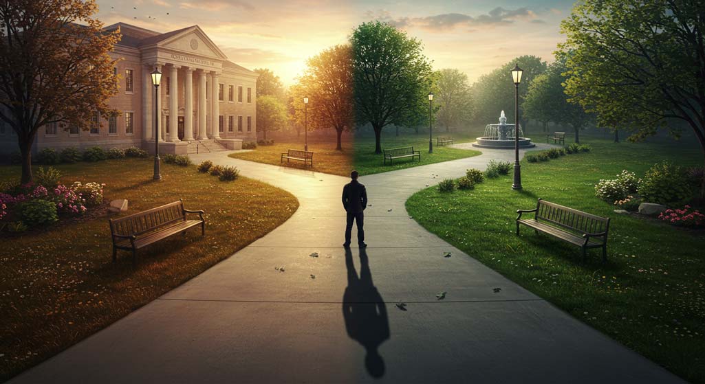 A contemplative scene showing a fork in a path, one leading to a stately modern courthouse with clean lines and columns, and the other to a peaceful meditation garden featuring lush greenery, benches, and a central fountain. At the crossroads stands a solitary figure in thoughtful contemplation, their shadow falling precisely between the two paths, visually connecting them. The scene symbolises the contemplative tension of religious forgiveness and legal justice, illuminated by warm dawn light creating a serene atmosphere.