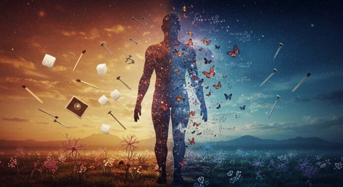 A human silhouette split into two halves, symbolising balance and whole self-care. The left side depicts earthly elements like sugar cubes, nails, and matchsticks against a warm, fiery sunset, while the right side shows constellations, butterflies, and mathematical equations under a serene, starlit sky. This artistic composition highlights the interconnectedness of physical composition, mental health, and spiritual awareness in whole self-care.