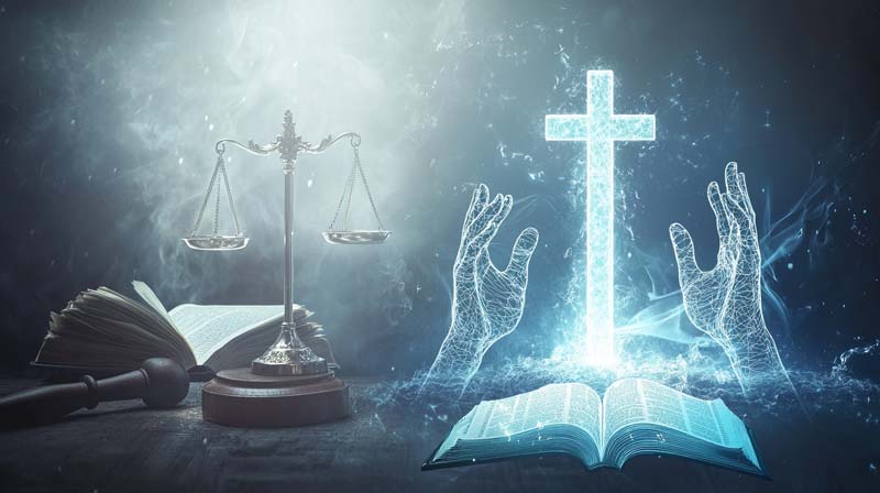 A split image illustrating the dynamic between justice and religious forgiveness. On the left, traditional symbols of justice, including a scale, gavel, and legal documents, stand firm. On the right, glowing religious symbols such as a cross, prayer hands, and an open holy book subtly overshadow the justice elements, visually portraying religious forgiveness and legal justice.