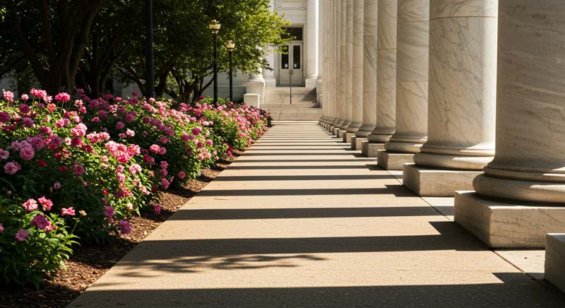 A serene pathway leading to courthouse steps, bordered on one side by vibrant pink flowering plants and on the other side by strong marble columns, symbolising the balance between forgiveness and justice. Shadows cast by the columns create a harmonious interplay of light and structure.