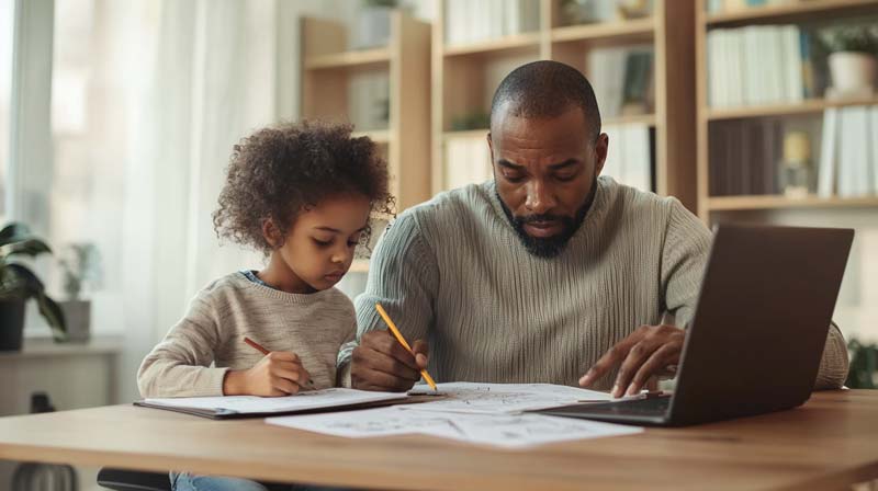 A Black father and his mixed-race daughter sit together at a desk showing our work, both focused intently on their papers while he balances teaching with his laptop work.