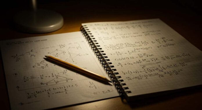 A spiral notebook displaying detailed mathematical equations and workings illuminated by warm desk lighting showing our work in progress.