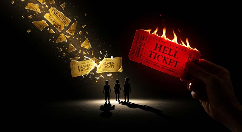 A dramatic scene where a golden heaven ticket shatters into glowing fragments, dispersing into darkness, while a firmly gripped hell ticket burns intensely in the foreground. The flames from the ticket illuminate a strong hand holding it with purpose, symbolising unwavering resolve. In the background, three small silhouettes of children stand bathed in a pool of light, their shadows stretching forward, embodying the weight of justice on earth. This striking visual encapsulates the essence of forgiveness betrayed, where a father chooses the fight for truth over passive peace.