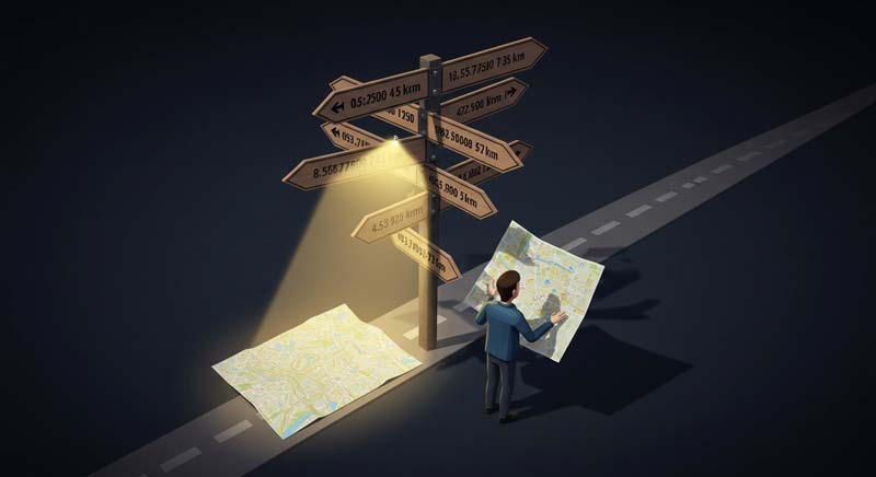 A person stands at a crossroads, facing multiple signposts pointing in different directions, each displaying inconsistent distances to the same destination. They hold a map embedded with optical illusions, symbolising uncertainty in decision-making. A long, well-lit path contrasts with a shorter, shadowed one, illustrating how mental availability influences choices rather than objective optimisation.