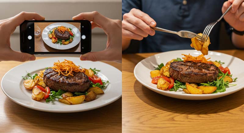 A split-frame image of a plated steak meal with roasted potatoes and vegetables. On the left, hands hold a smartphone capturing the dish for social media, while on the right, a person is eating the meal, highlighting the contrast between presentation and real-life enjoyment.