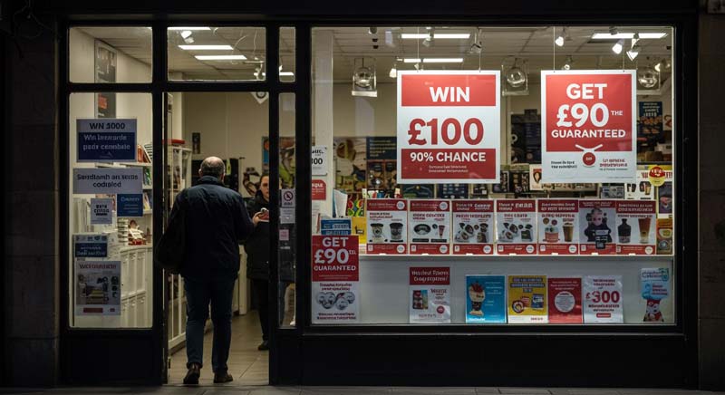 A customer stands outside a shop window displaying two competing offers: one advertises "Win £100" with a "90% chance," while the other guarantees "Get £90." The scene highlights how human decisions driven by instinct often favour certainty over potential higher rewards, illustrating the framing effect in decision-making.