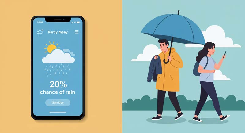 A split-screen illustration comparing reactions to a weather forecast. On the left, a phone screen shows a "20% chance of rain." On the right, one person is dressed in a raincoat and carrying a large umbrella, appearing worried, while another walks casually without rain gear, illustrating how people instinctively overreact to small probabilities in daily decisions.