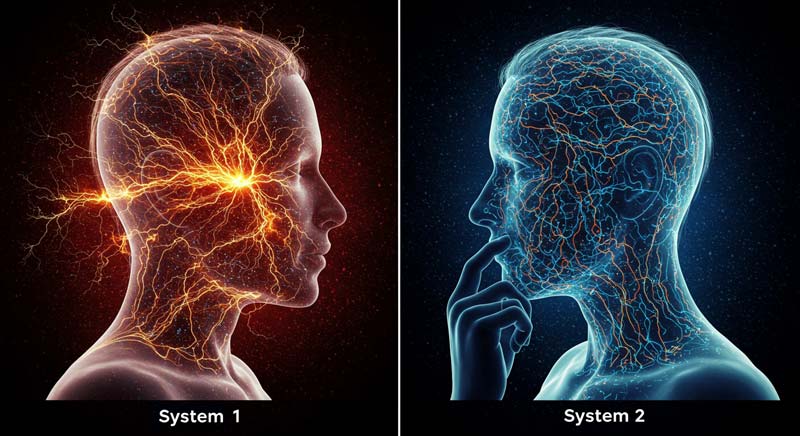 A split-screen digital artwork illustrating dual-process theory. The left side (System 1) depicts an impulsive, emotional reaction with bright, chaotic neural connections in red and orange hues, symbolising instinctive decision-making. The right side (System 2) shows a more structured and contemplative thought process, represented by cool blue neural pathways and a calm, methodical pose, highlighting rational deliberation.